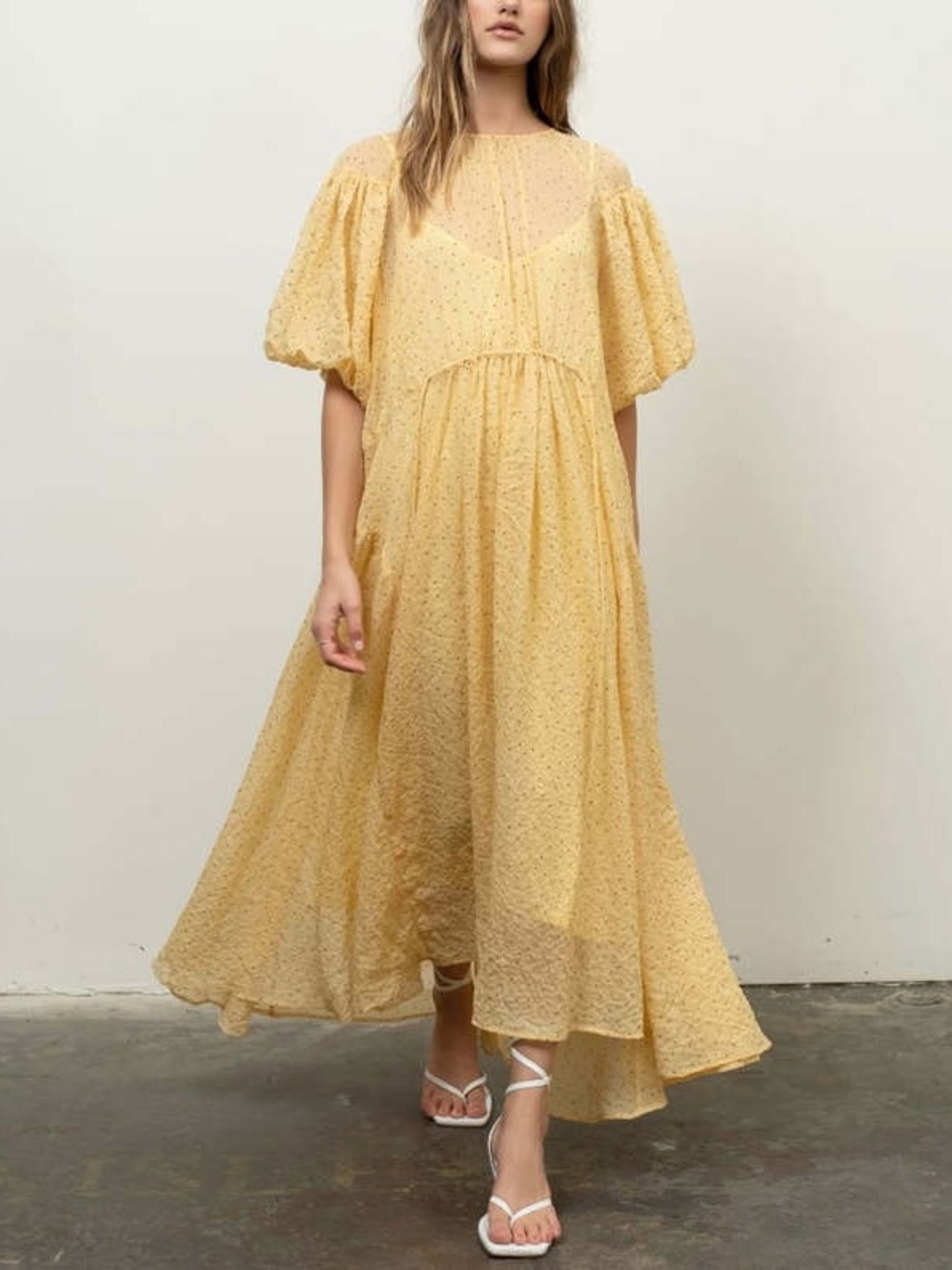 Moon River Pale Yellow Puff Sleeve Maxi Dress